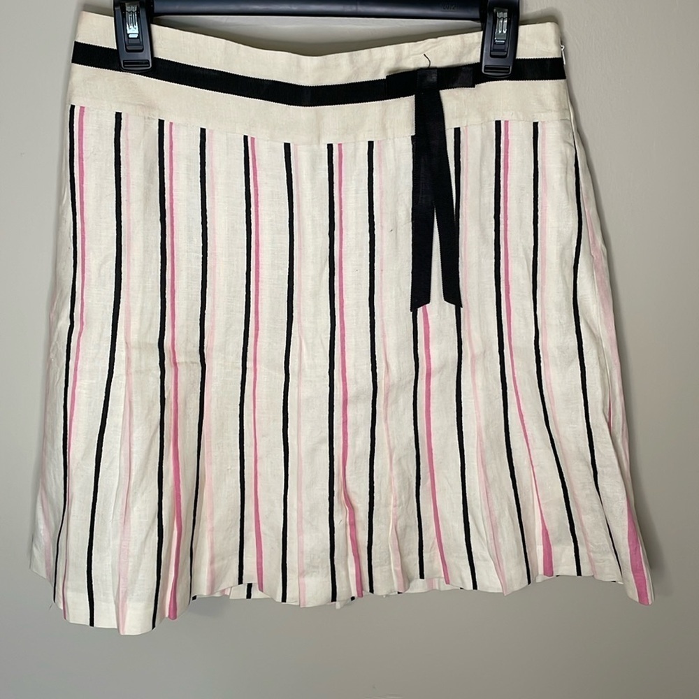 ANN TAYLOR LOFT Pleated sz 4 Black & Pink Stripe Linen Cream Skirt Academia Prep